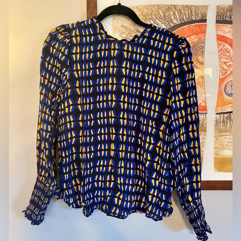 Rachel Zoe black blue and yellow geometric print blouse